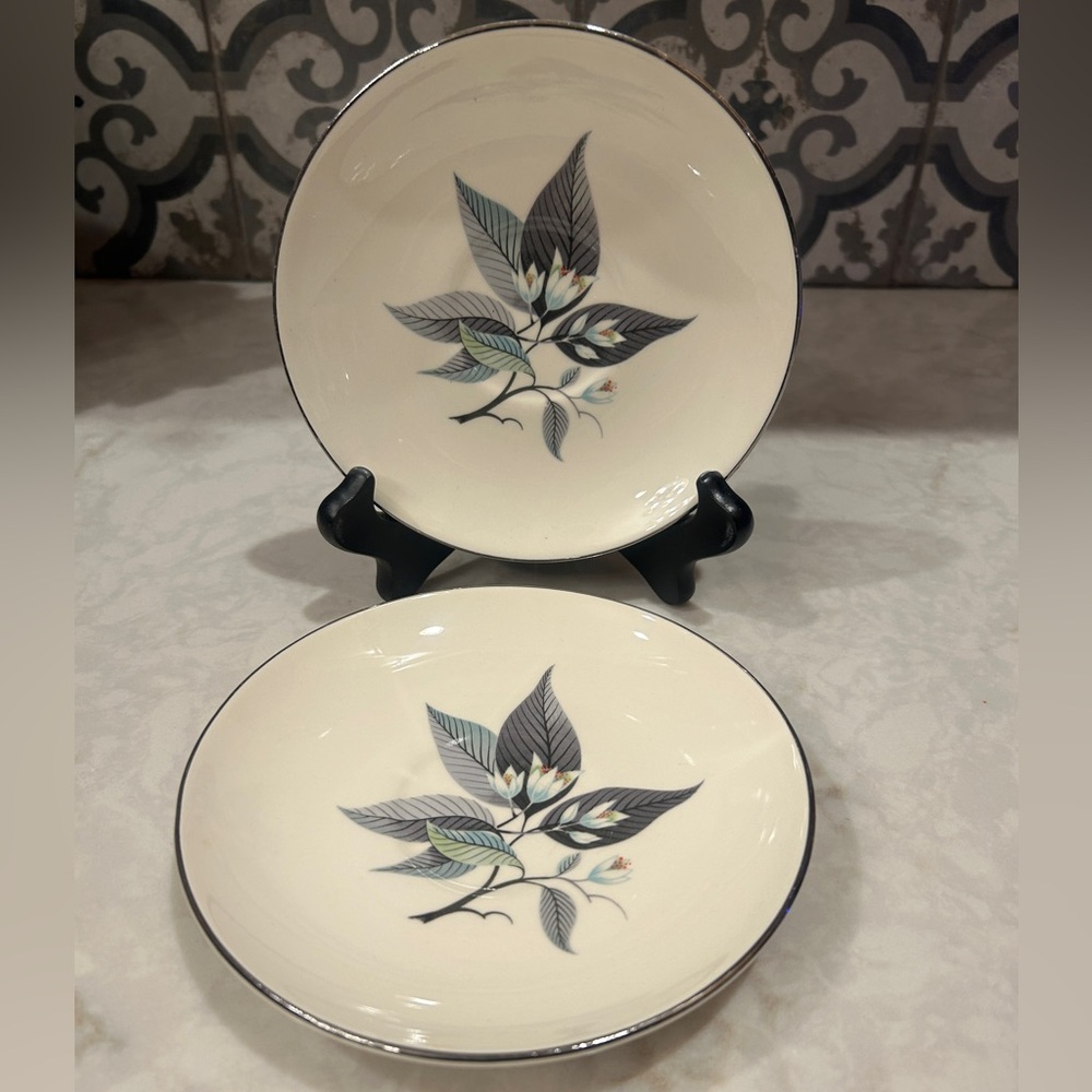 Vintage 1950s Homer Laughlin “Lotus Hai Rhythm” Design with Silver-Rim-Set of 2